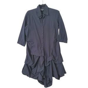Yashi Black 100% Cotton Shirt Dress Asymmetrical Ruched Lagenlook Art To Wear